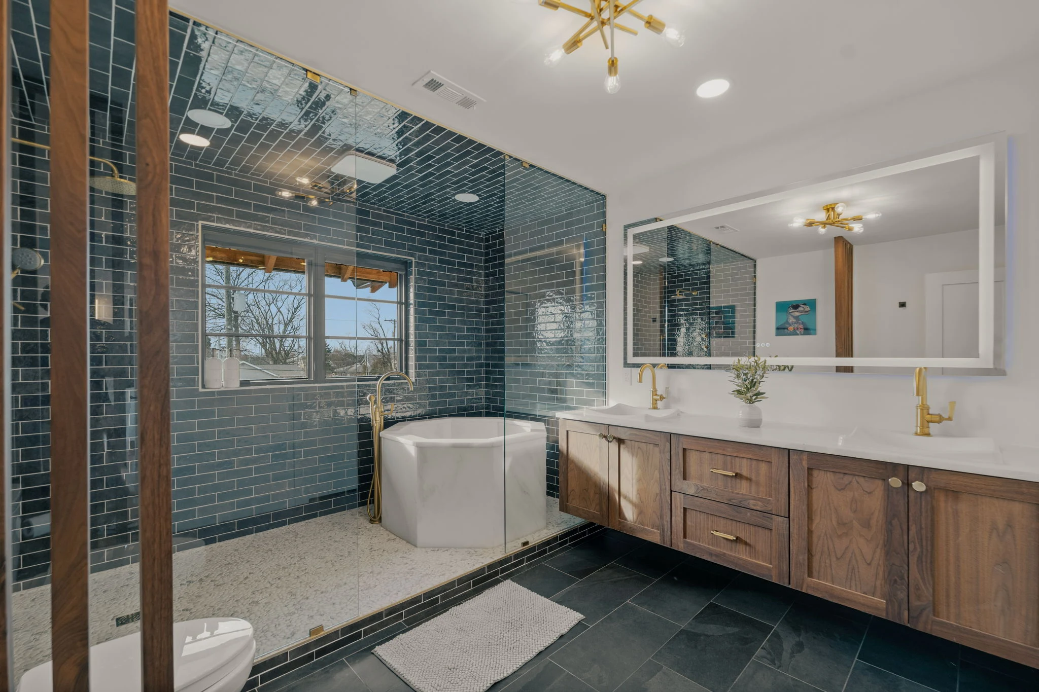 An upstairs bath with freestanding tub